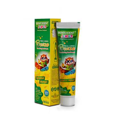 A tube and box of Bentodent Junior toothpaste, Splashing Mango flavor, shown on a plain white background. The packaging features a bright green and yellow design with cartoon animal graphics.